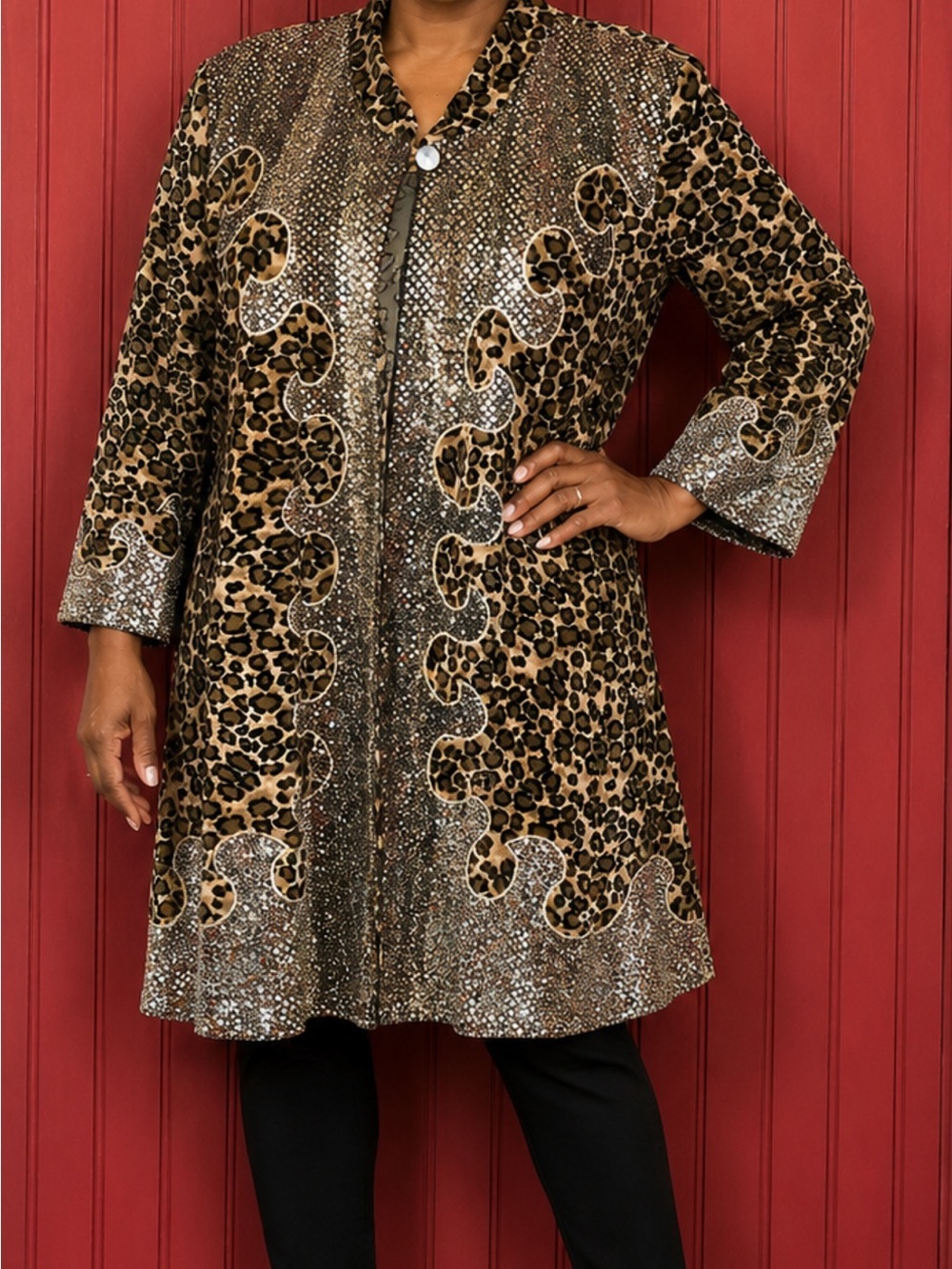 Vintage Leopard Sequin Embellished Coat - Gold & Brown 2X